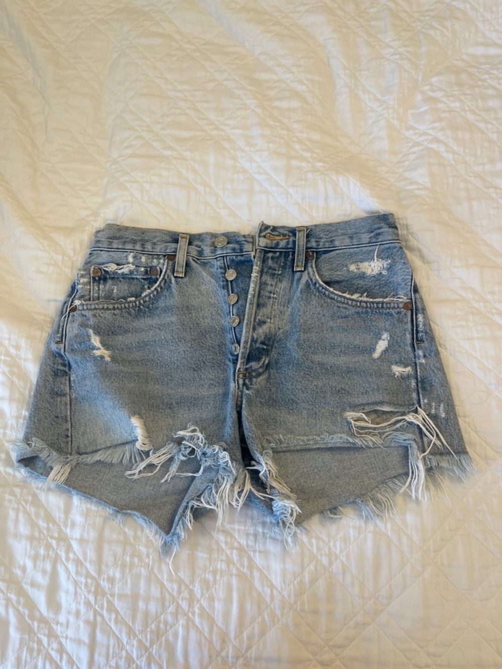 Agolde Light Blue Distressed High-Rise Denim Shorts